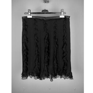 Vintage 100% Silk Vertical Ruffle Tiered Skirt Black Knee Length Elegant Evening